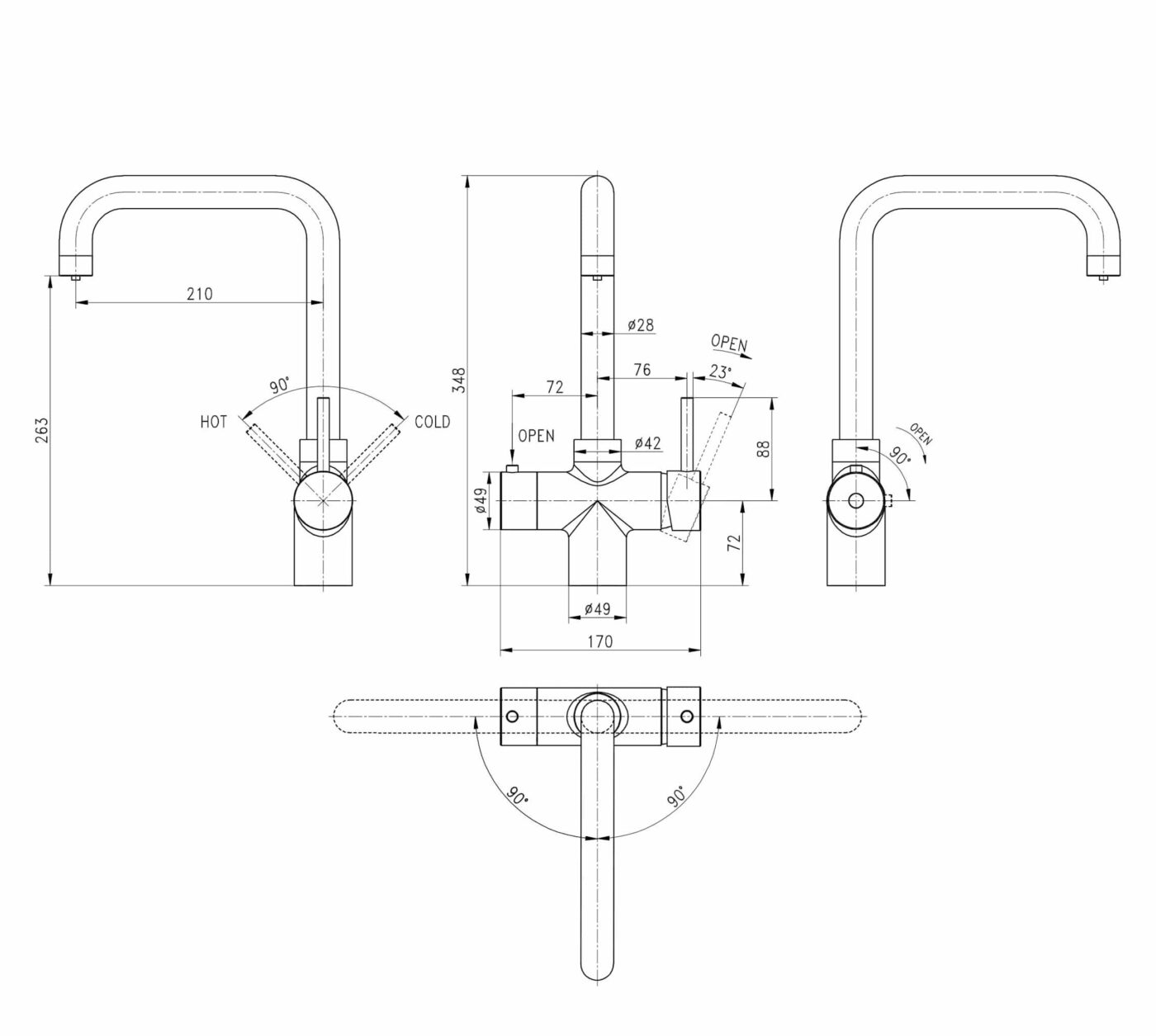 an all side drawing and size measurement of D-shape water tap