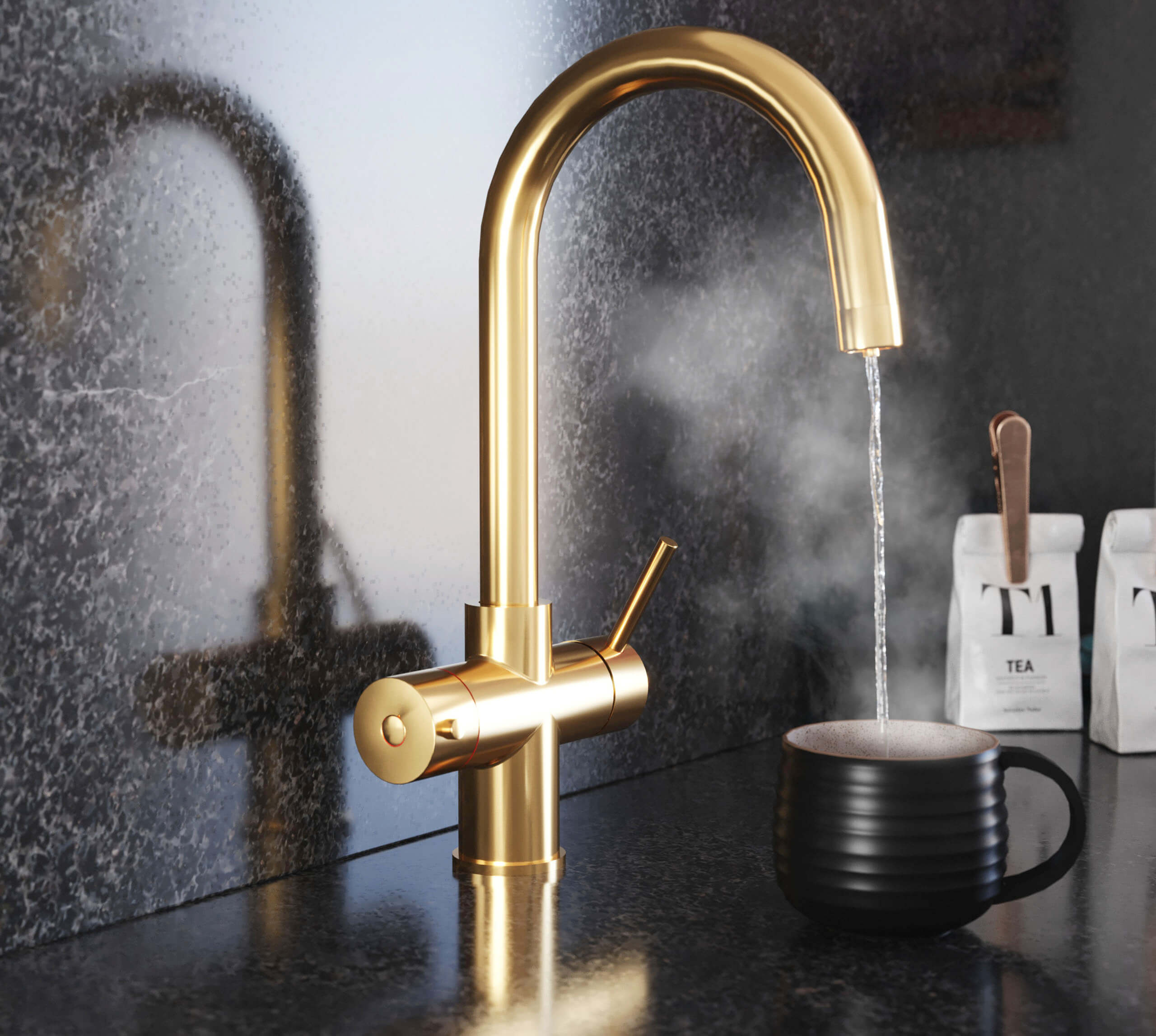 a gold swan neck filtered water tap dispensing hot water into a matt black mug