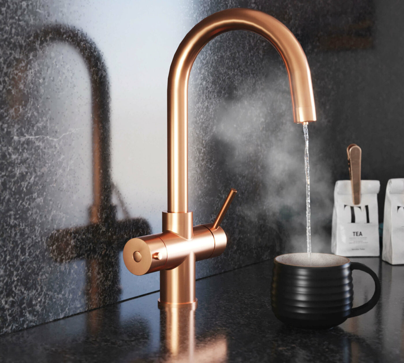 a swan neck 3 in 1 boiling water tap in copper dispensing hot water into a matt black mug