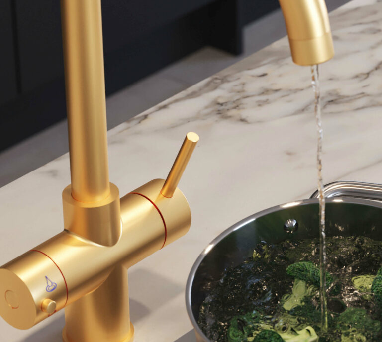 3-in-1 gold water tap in d-shape dispensing water in a pan