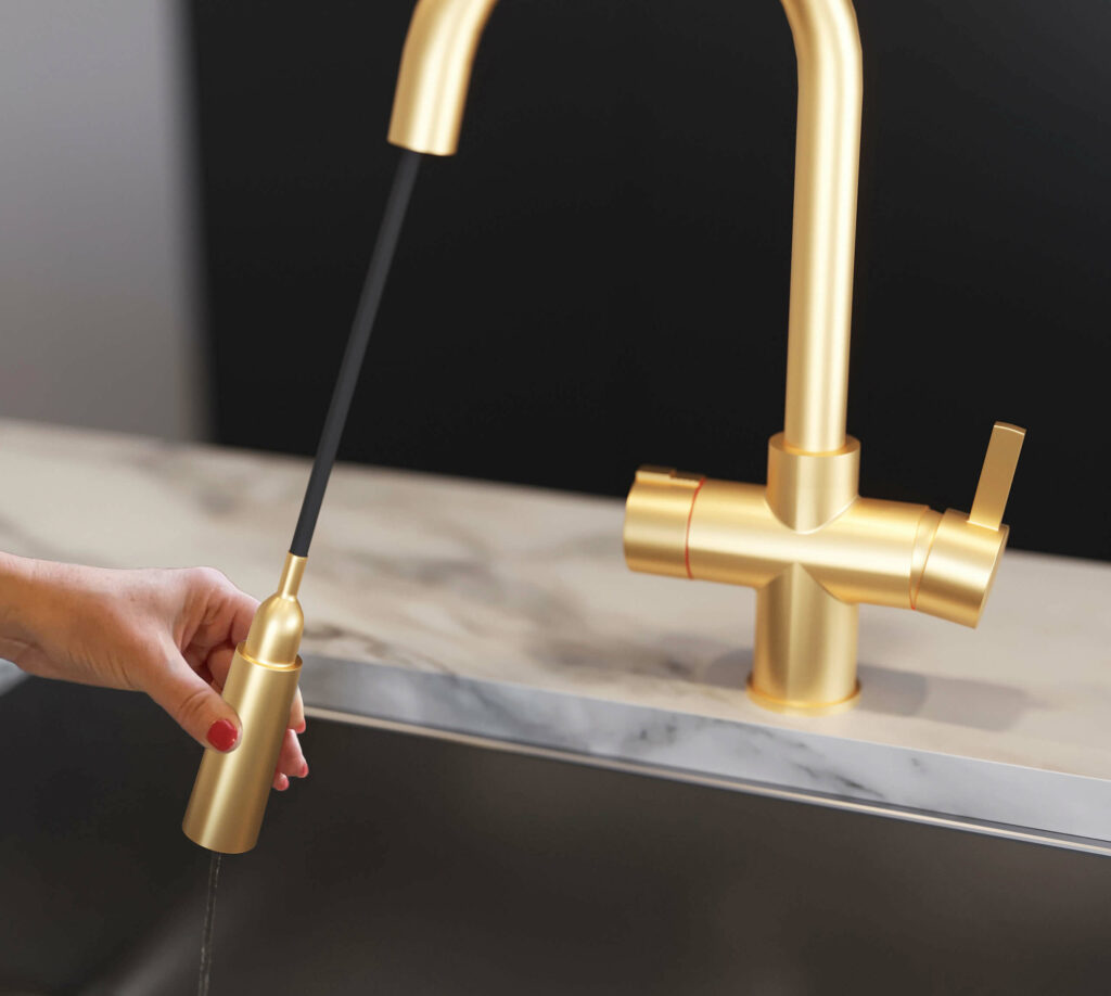 Instant hot water tap with digital tank and pull-out spout in the colour gold.