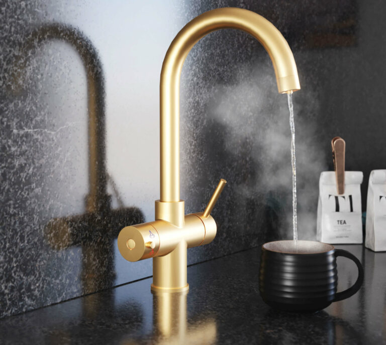 a swan neck gold hot water tap with boiling water running from spout into a matt black mug