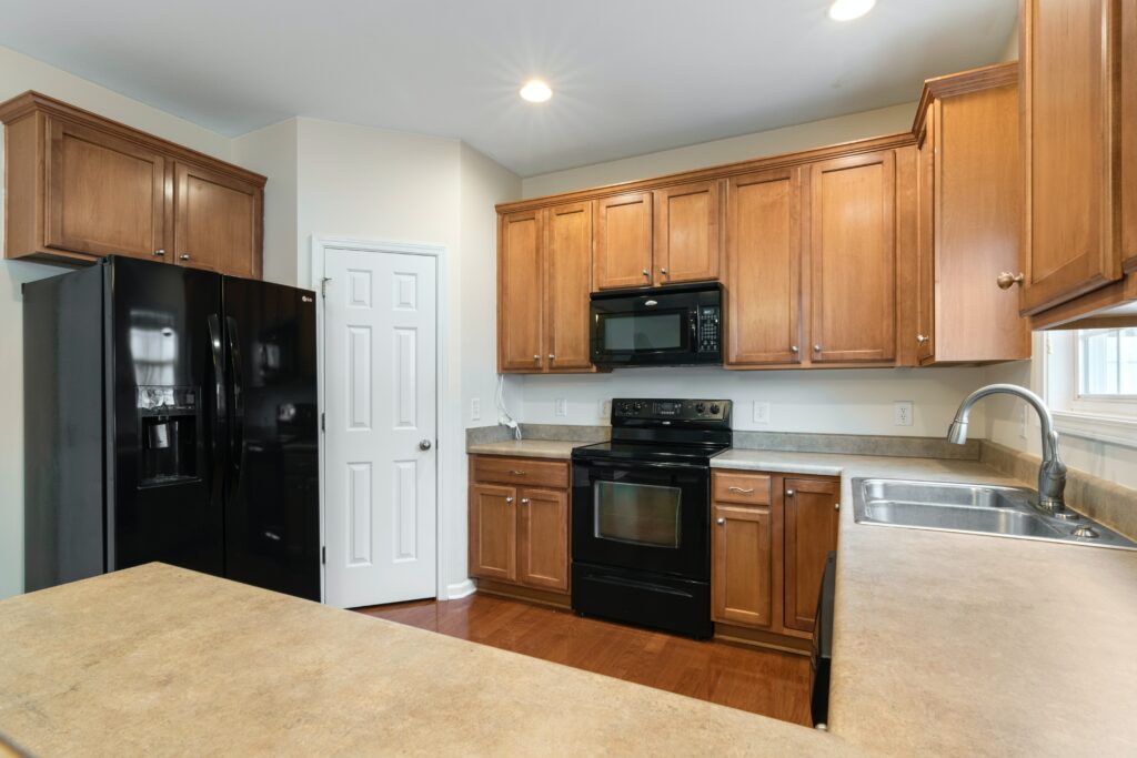 kitchen worktop with brown furniture