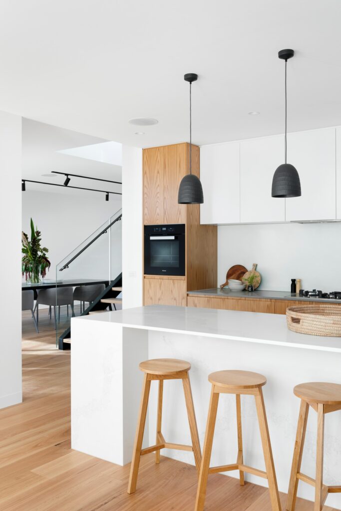 kitchen island with wooden stools