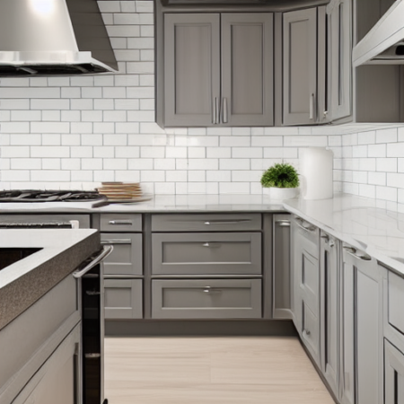 grey kitchen cabinets with white ceramic tile splashback