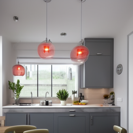 a modern kitchen with stylish grey furniture and accessories