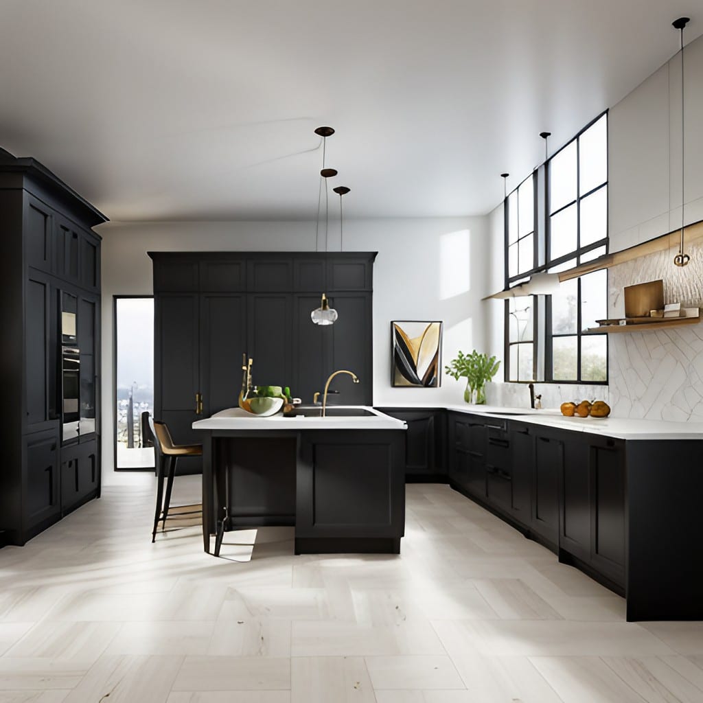 luxury black and gold kitchen interior with white tiled floor and walls