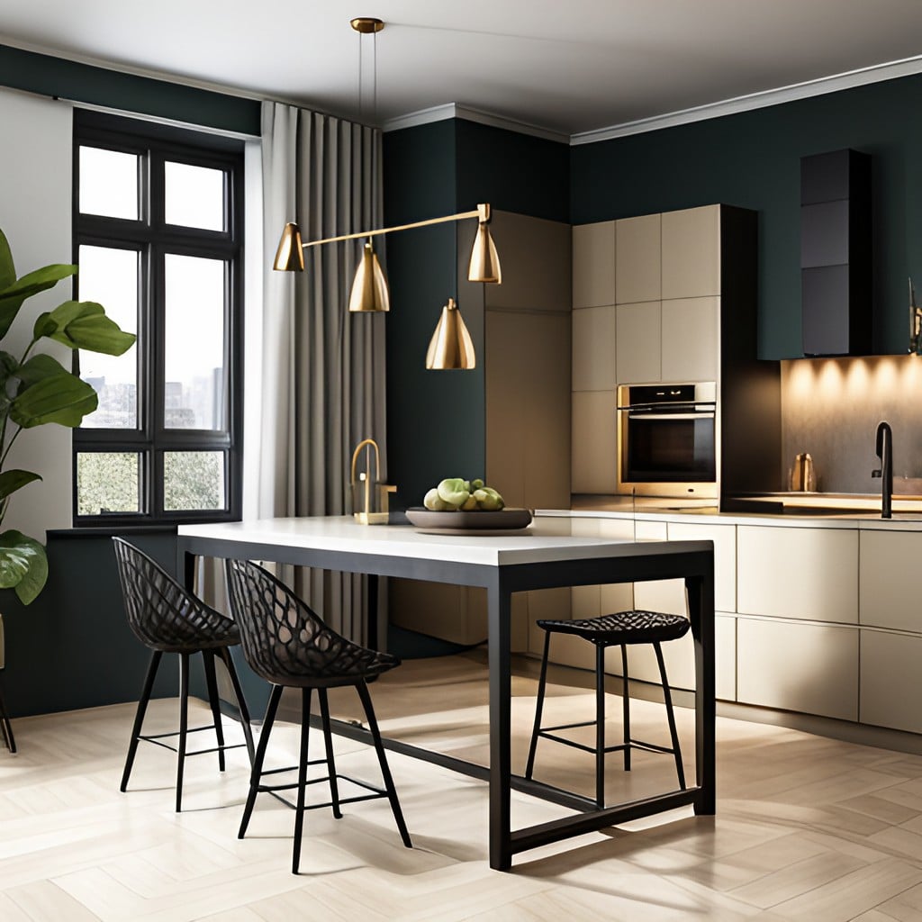 luxury kitchen interior with gold pendant lights, black kitchen island and chairs and large window