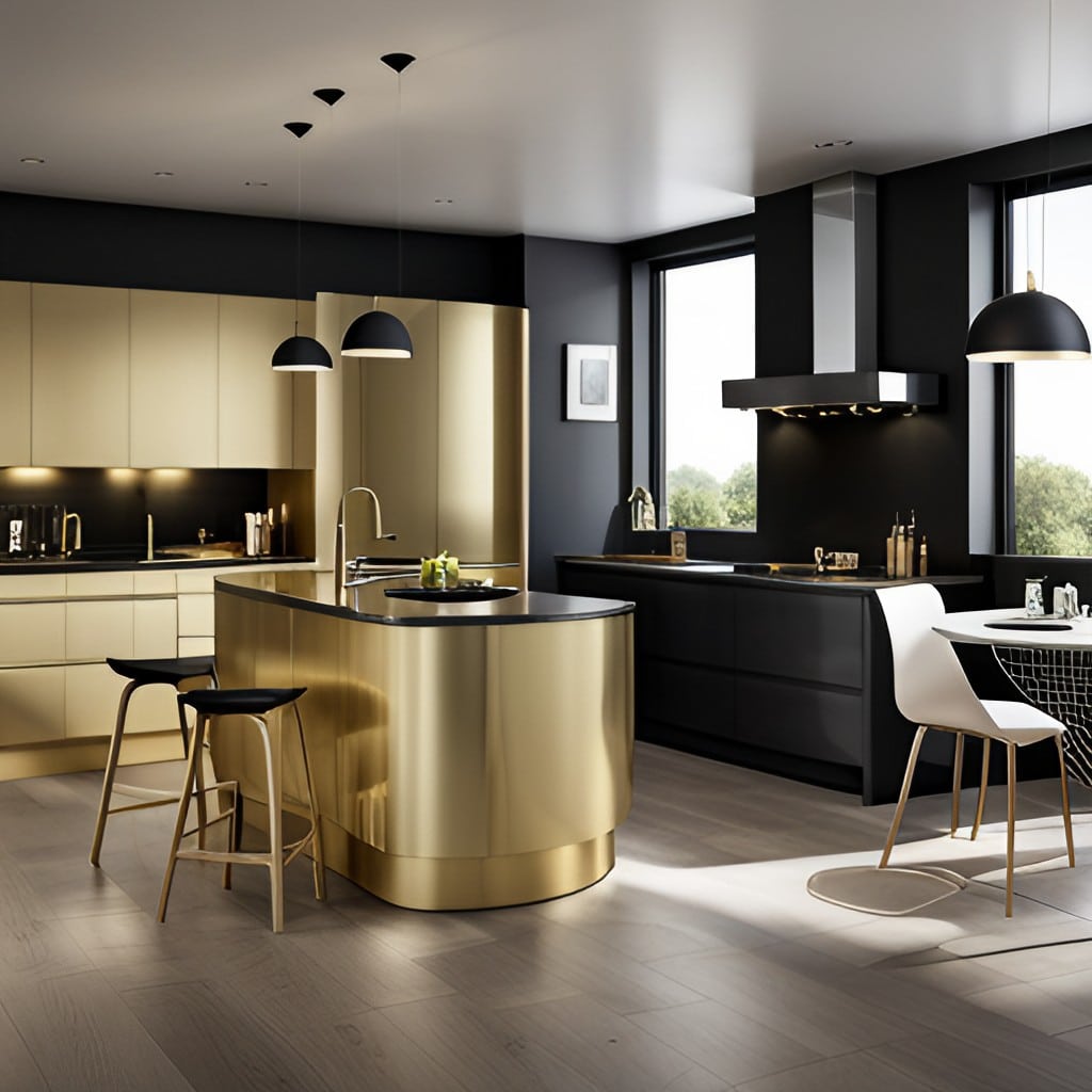 luxury kitchen interior with gold kitchen island and backsplash, and black worktops and pendant lights