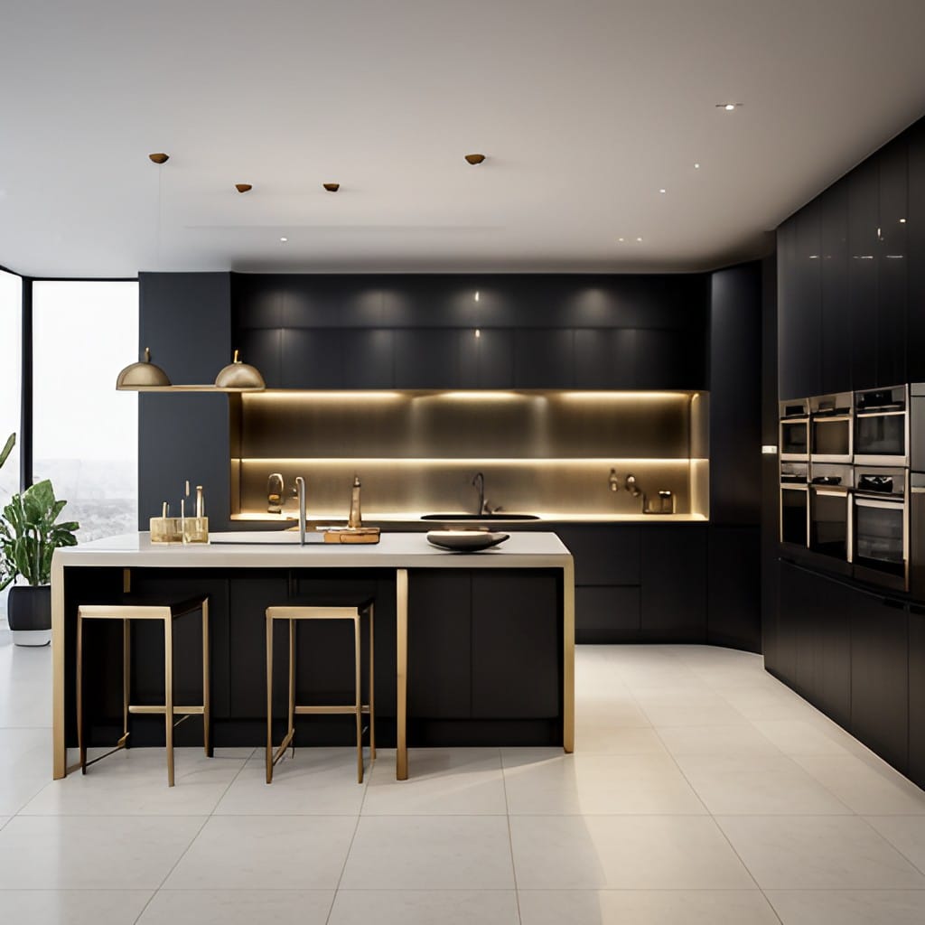 photograph of luxury kitchen interior with black worktops, gold accents and under-cabinet lights