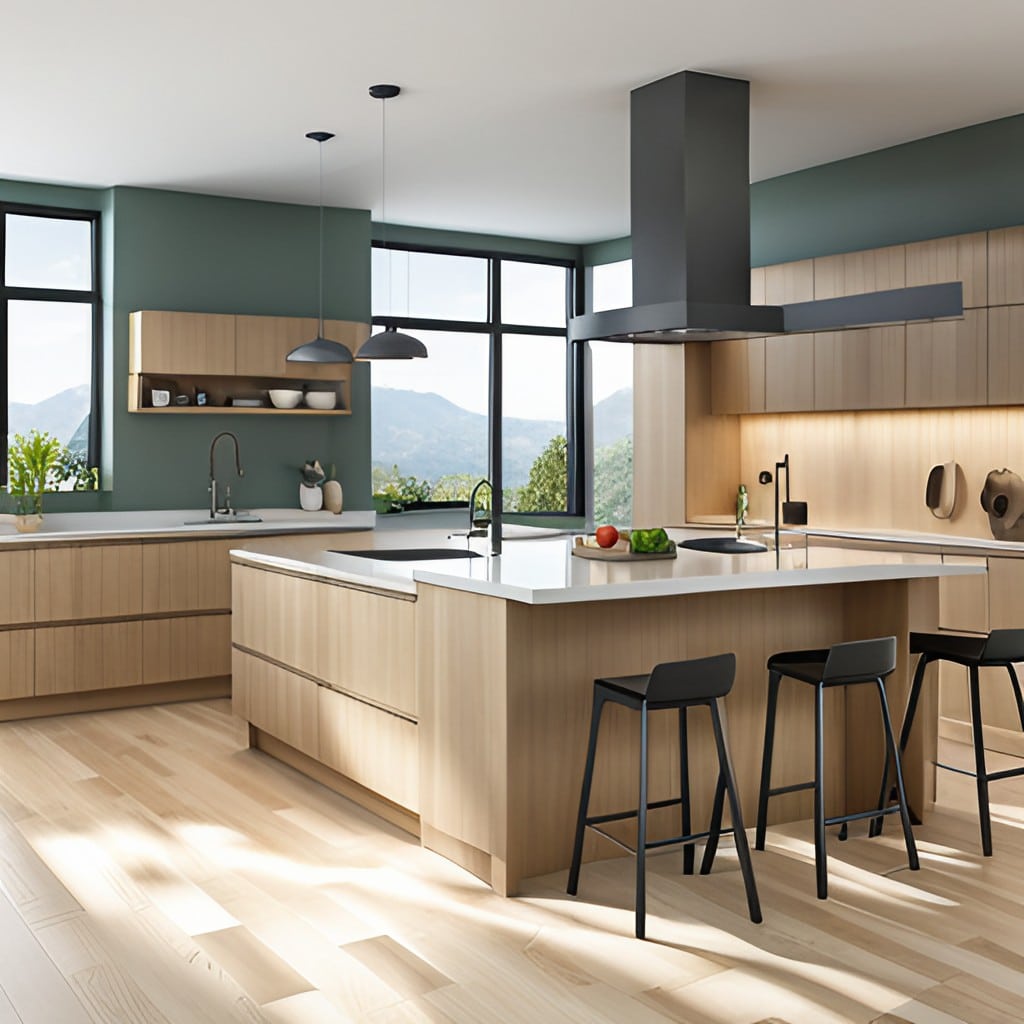 kitchen interior with wooden floors, wooden cabinets and large windows