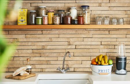 a kitchen with small storage space