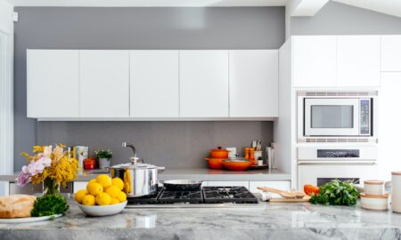 grey kitchen splashback in a white kitchen