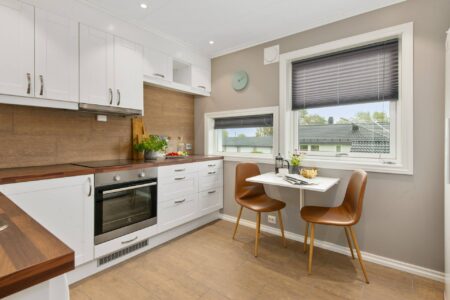 white kitchen cupboards with grey handles
