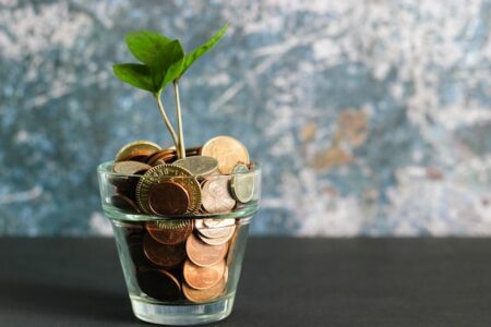 green plant and coins in a clear glass vase