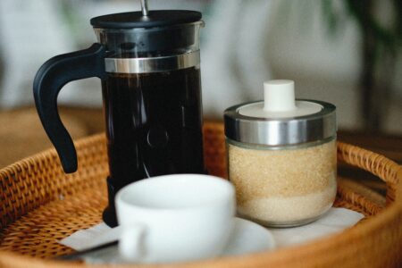 Coffe Pot, Coffee Cup and Sugar on a Tray