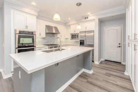 interior of a modern kitchen with hanging lights