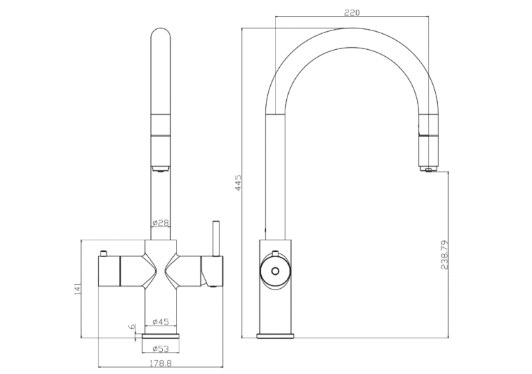 side and front measurement illustration of swan neck hot water tap