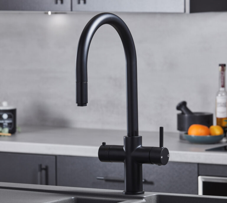 a swan neck pull-out hot water tap in matte black