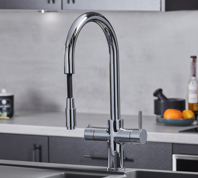 a swan neck pull-out hot water tap with slightly extended spout in chrome