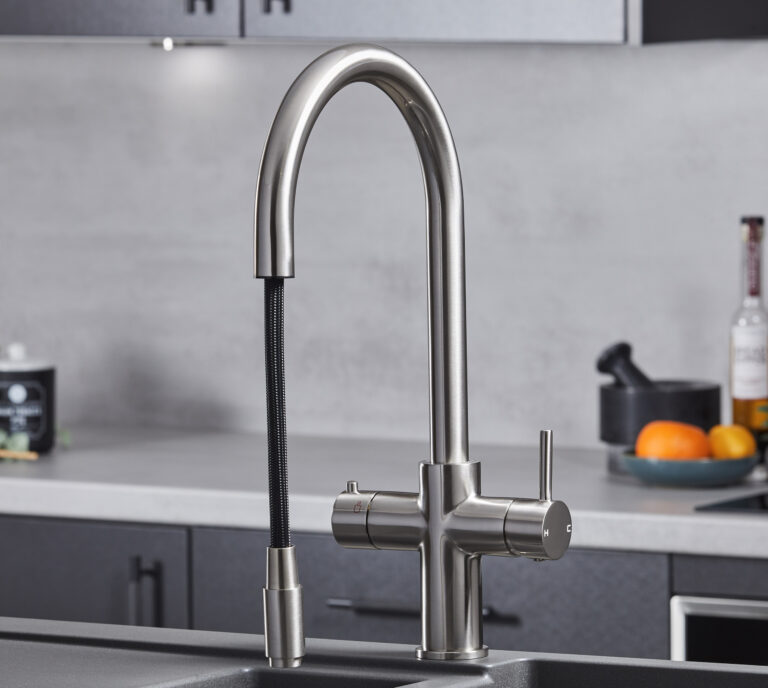 a swan neck pull-out hot water tap with extended spout in brushed nickel