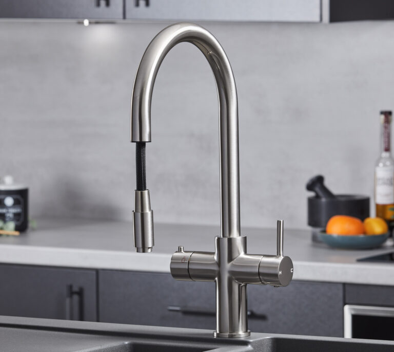 a flexible swan neck pull-out hot water tap in brushed nickel