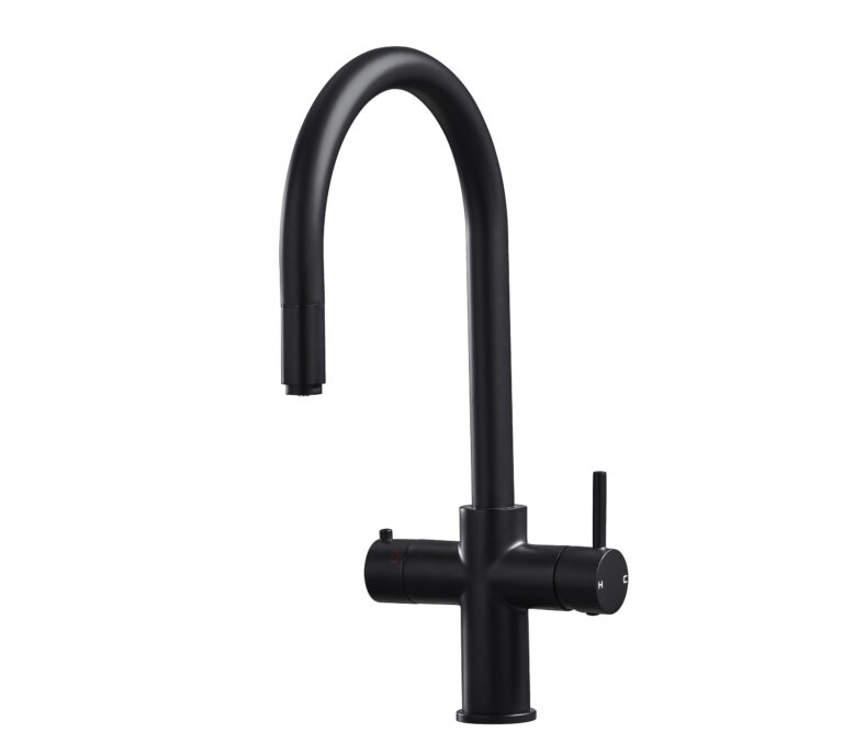 a swan neck pull-out hot water tap in matt black