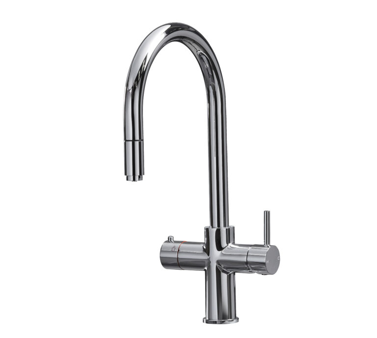 a swan neck pull-out hot water tap in chrome