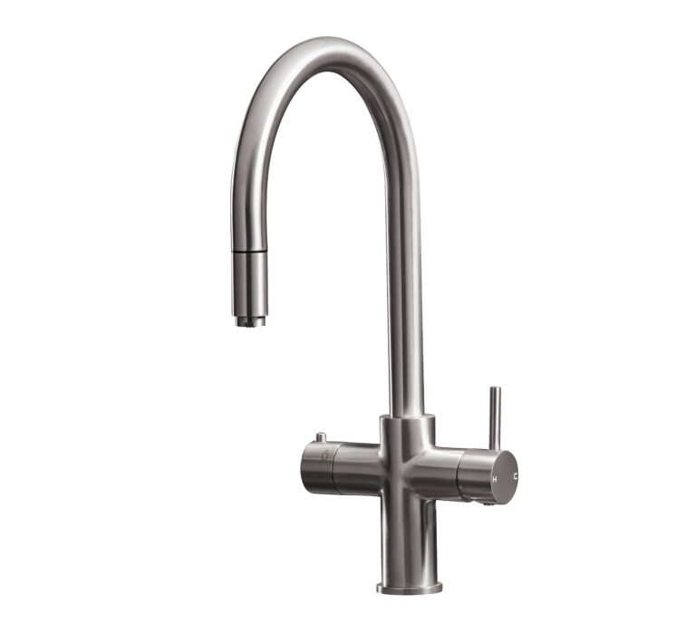 a swan neck pull-out hot water tap in brushed nickel