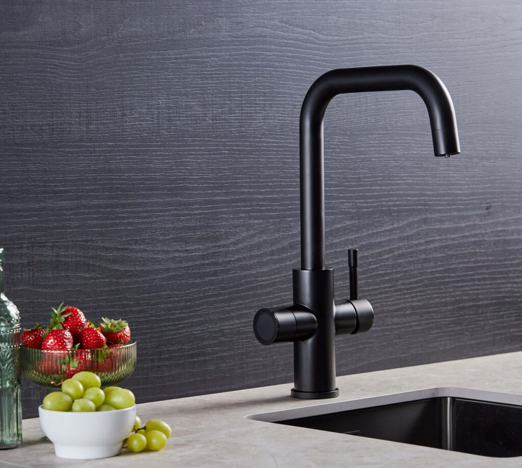 a Matt Black boiling water tap in a modern kitchen
