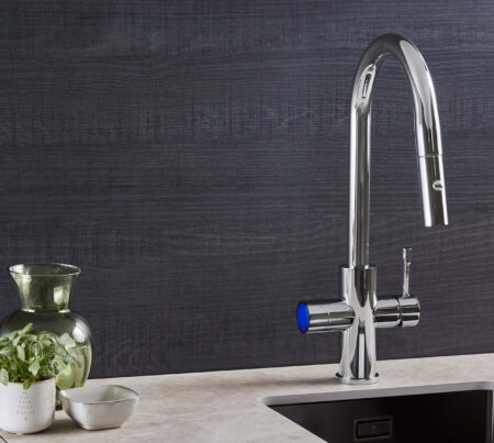5 in 1 sparkling tap in chrome in a modern kitchen