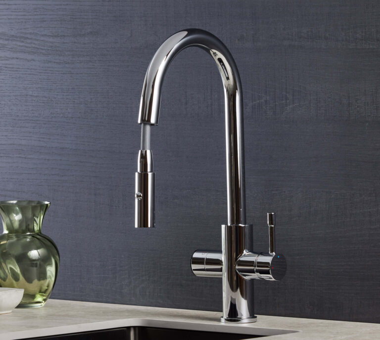 A 5-in-1 boiling water tap with pull out hose in chrome