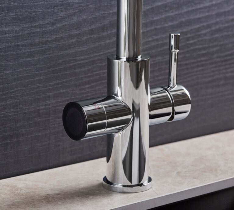 A close up of a 5-in-1 boiling water tap in chrome