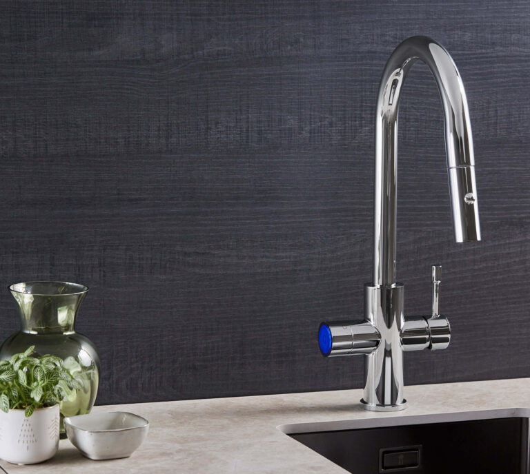 A 5-in-1 boiling water tap with pull out hose in chrome