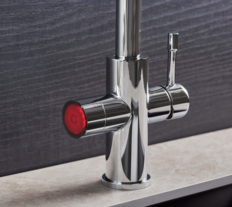 A close up of a 5-in-1 boiling water tap in chrome
